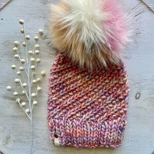 Hand Knit Chunky Beanie - Faux Fur Pom - Malabrigo Rasta Yarn